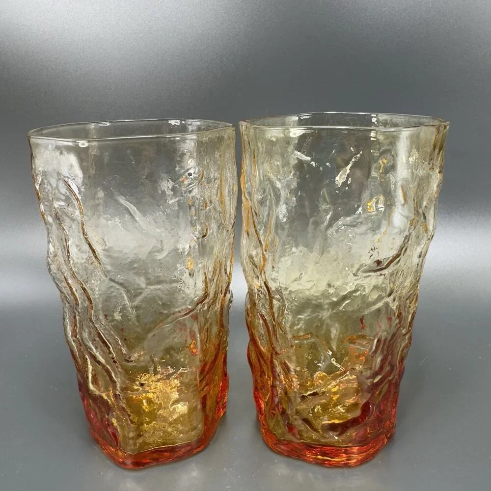 1970s Seneca Driftwood Amber Crinkle Glass Highball Tumblers Cups Set 4‎ Vintage